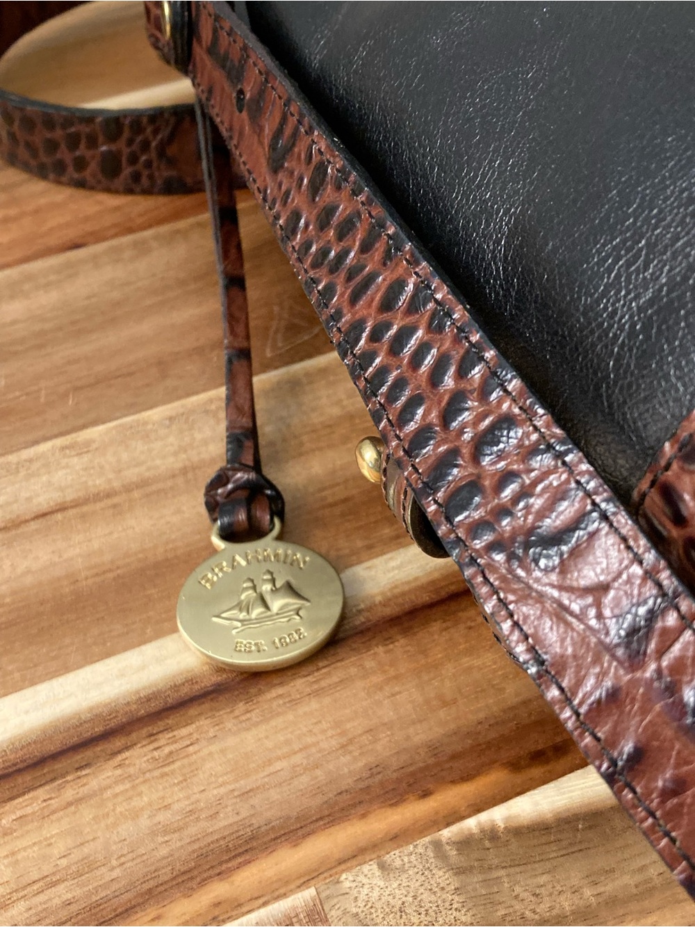 Brahmin Black Leather Crossbody with Brown Croc-Trim - Picture 16 of 16